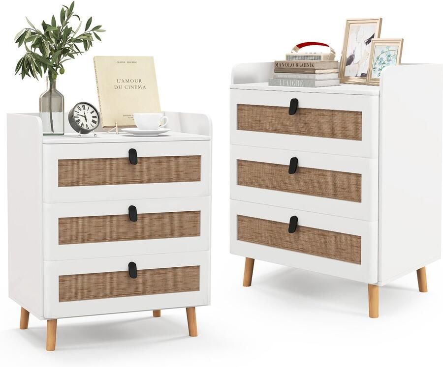 Costway Nachtkastje met 3 laden moderne bijzettafel nachtkastje met massief houten poten nachtkastje in boho-stijl voor woonkamer slaapkamer 39 5 x 60 x 75 cm wit