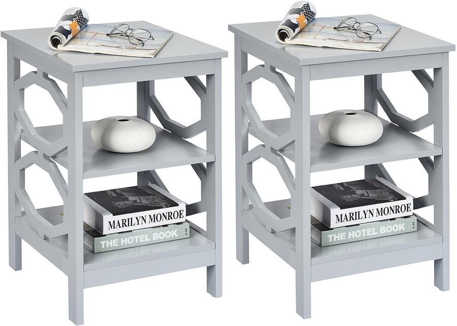 Costway Nachtkastje met 3 niveaus set van 2 bijzettafel nachtkastje salontafel voor slaapkamer woonkamer 40 x 40 x 61 cm (OO-vormig grijs)