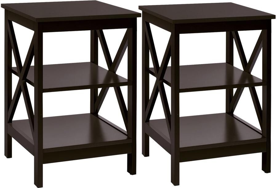 Costway Nachtkastje met 3 niveaus set van 2 bijzettafel nachtkastje salontafel voor slaapkamer woonkamer 40 x 40 x 61 cm (X-vormig bruin)