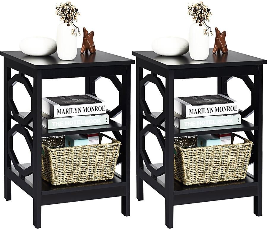 Costway Nachtkastje met 3 niveaus set van 2 bijzettafel salontafel voor slaapkamer woonkamer 40 x 40 x 61 cm (II-vormig zwart)