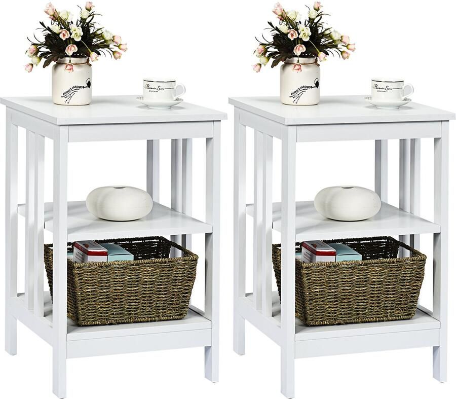 Costway Nachtkastje met 3 niveaus set van 2 bijzettafel salontafel voor slaapkamer woonkamer 40 x 40 x 61 cm (II-vormig wit)