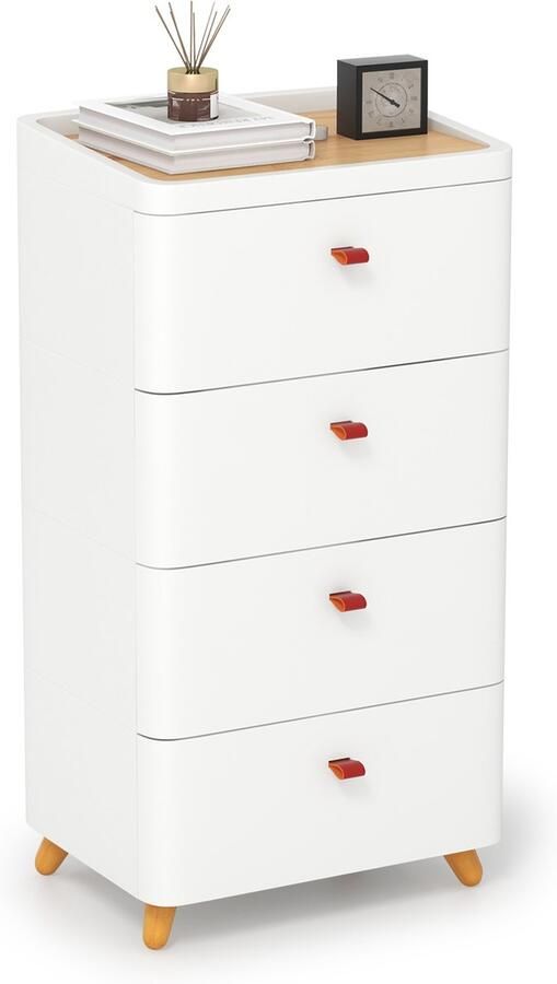 Costway Nachtkastje met 4 laden nachtkastje commode met afneembaar organizer-dienblad en houten poten multifunctionele kast voor slaapkamer woonkamer badkamer wit 42 x 32 x 81 5 cm