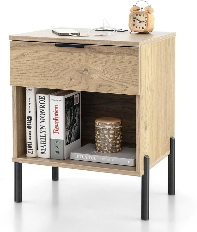 Costway Nachtkastje met laadstation bijzettafel met lade en open vak nachtkastje met metalen poten salontafel voor woonkamer en slaapkamer eiken 45 x 40 x 58 cm