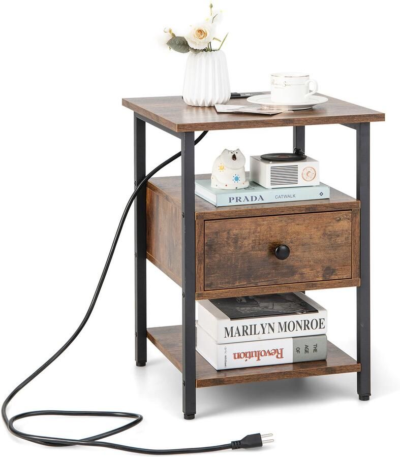 Costway Nachtkastje met laadstation en lade nachtkastje met open planken nachtkastje bijzettafel voor slaapkamer woonkamer 40 x 40 x 55 cm