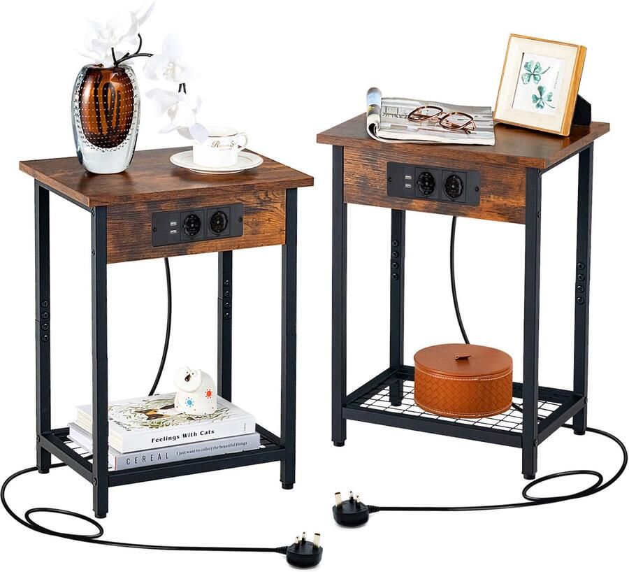 Costway Nachtkastje met laadstation set van 2 bijzettafel met roosterplank banktafel met 2 USB-poorten 2 stopcontacten en verstelbare voetkussens voor slaapkamer woonkamer