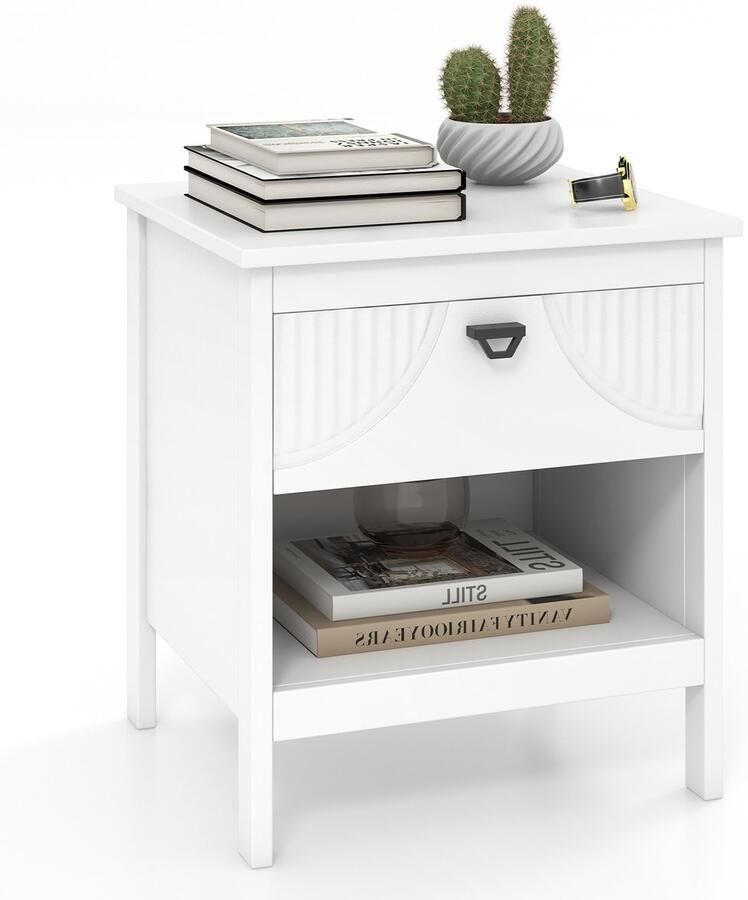 Costway Nachtkastje met lade 2 niveaus bijzettafel met open plank nachtkastje van hout nachtkastje banktafel boxspringbed voor woonkamer slaapkamer wit 45 x 40 x 50 cm (1)