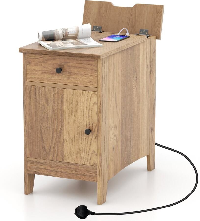 Costway Nachtkastje met lade bijzettafel met USB-poorten en stopcontacten en vak nachtkastje voor woonkamer slaapkamer smalle salontafel 60 x 35 x 60 cm (1 pak natuur)