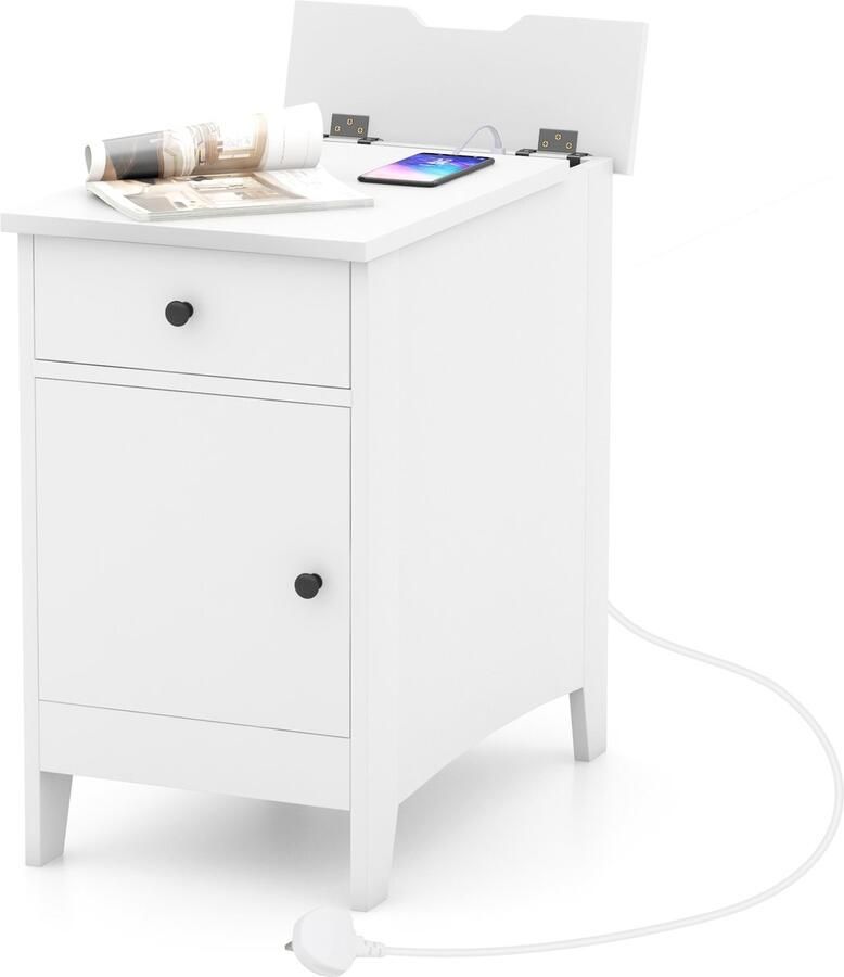 Costway Nachtkastje met lade bijzettafel met USB-poorten en stopcontacten en vak nachtkastje voor woonkamer slaapkamer smalle salontafel 60 x 35 x 60 cm (1 pak wit)