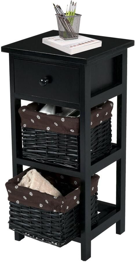 Costway Nachtkastje met lade en 2 opbergmanden bijzettafel rieten commode laderek voor slaapkamer en woonkamer 28 x 26 x 60 cm (zwart)