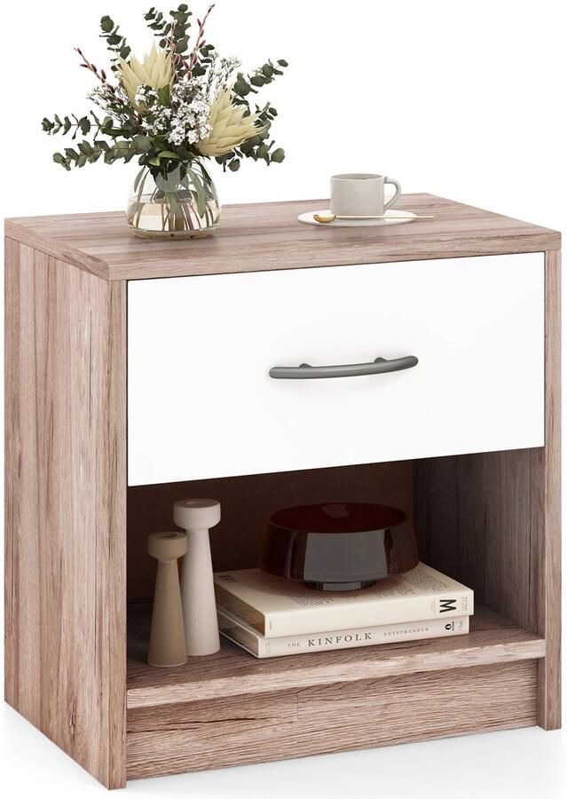 Costway Nachtkastje met lade kleine bijzettafel met open vak banktafel nachtkastje voor slaapkamer woonkamer 38 5 x 28 x 40 5 cm (eiken + wit)