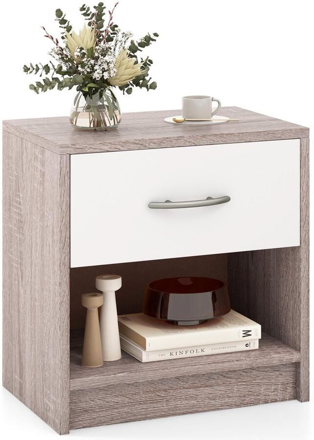 Costway Nachtkastje met lade kleine bijzettafel met open vak banktafel nachtkastje voor slaapkamer woonkamer 38 5 x 28 x 40 5 cm (lichtgrijs + wit)