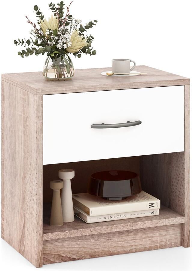 Costway Nachtkastje met lade kleine bijzettafel met open vak banktafel nachtkastje voor slaapkamer woonkamer 38 5 x 28 x 40 5 cm (naturel + wit)
