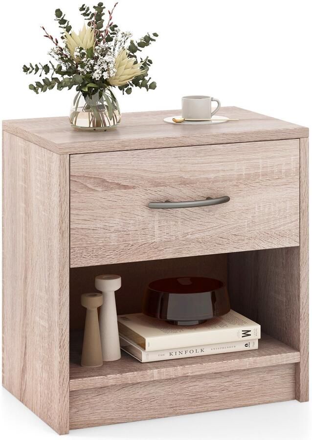 Costway Nachtkastje met lade kleine bijzettafel met open vak banktafel nachtkastje voor slaapkamer woonkamer 38 5 x 28 x 40 5 cm (naturel)