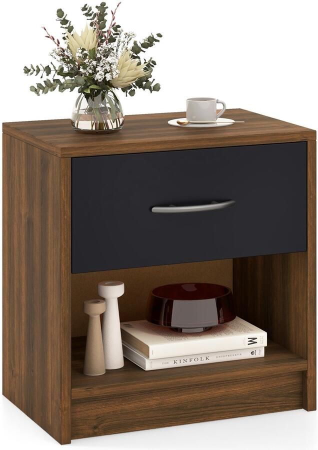 Costway Nachtkastje met lade kleine bijzettafel met open vak banktafel nachtkastje voor slaapkamer woonkamer 38 5 x 28 x 40 5 cm (bruin + zwart)