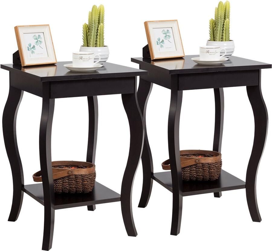 Costway Nachtkastje met plank 2 niveaus bijzettafel van hout met gebogen poten nachtkastje laptoptafel banktafel industrieel voor woonkamer slaapkamer 40 x 40 x 60 cm (2 bruin)