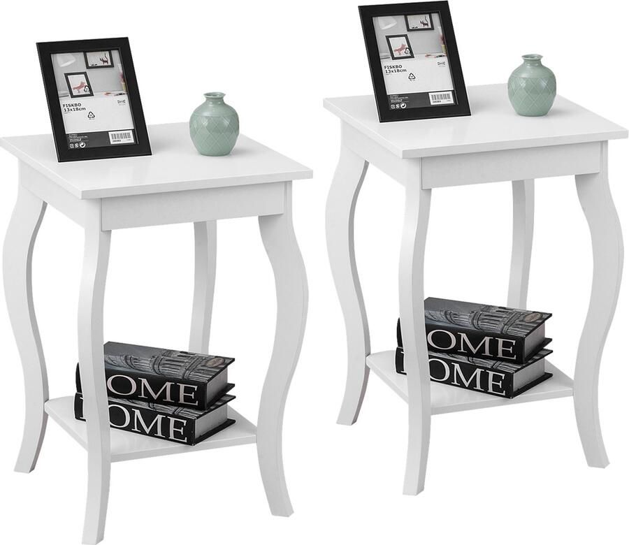 Costway Nachtkastje met plank 2 niveaus bijzettafel van hout met gebogen poten nachtkastje laptoptafel banktafel industrieel voor woonkamer slaapkamer 40 x 40 x 60 cm (2 wit)