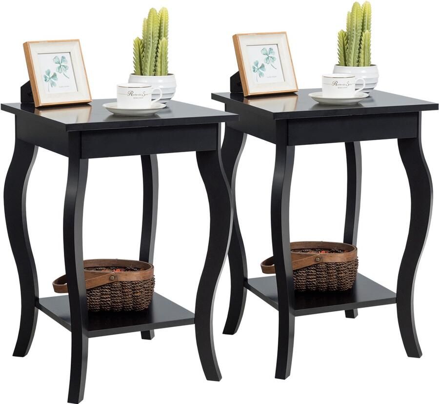 Costway Nachtkastje met plank 2 niveaus bijzettafel van hout met gebogen poten nachtkastje laptoptafel banktafel industrieel voor woonkamer slaapkamer 40 x 40 x 60 cm (2 zwart)