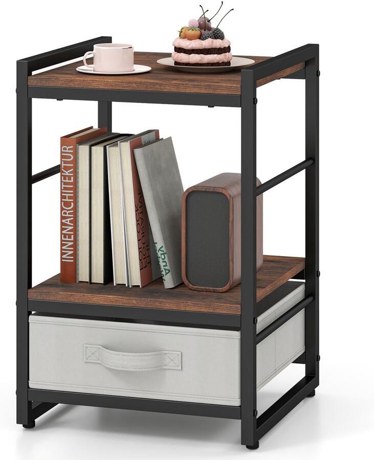 Costway Nachtkastje met stoffen lade industriële bijzettafel met open opbergvak nachtkastje met metalen frame voor woonkamer slaapkamer 40 x 40 x 60 cm rustiek bruin