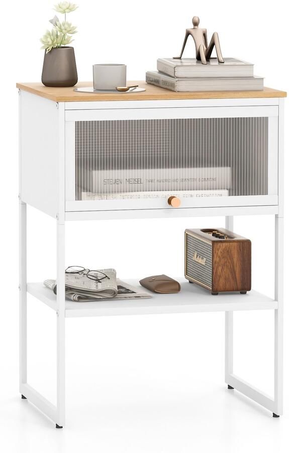Costway Nachtkastje metalen frame bijzettafel met doorzichtige klapdeur lade en open plank nachtkastje modern banktafel voor woonkamer slaapkamer hout 40 x 32 x 56 cm (wit)