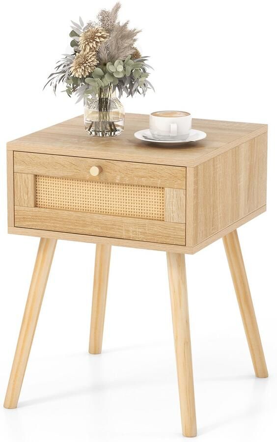 Costway Nachtkastje rotan bijzettafel met lade nachtkastje voor slaapkamer woonkamer eiken 40 x 40 x 55 cm
