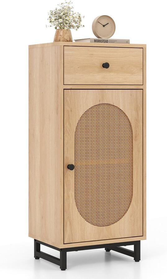 Costway Nachtkastje rotan met deur en lade boho bijzettafel met verstelbare plank en voetkussens smalle rotankast voor woonkamer slaapkamer hal 40 x 30 x 91 cm naturel