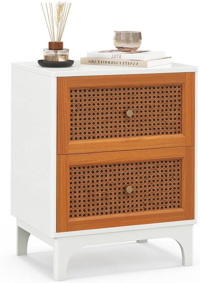 Costway Nachtkastje rotan nachtkastje met 2 laden bijzettafel met massief houten poten nachtkastje in boho-stijl salontafel voor slaapkamer woonkamer 46 x 33 x 59 5 cm