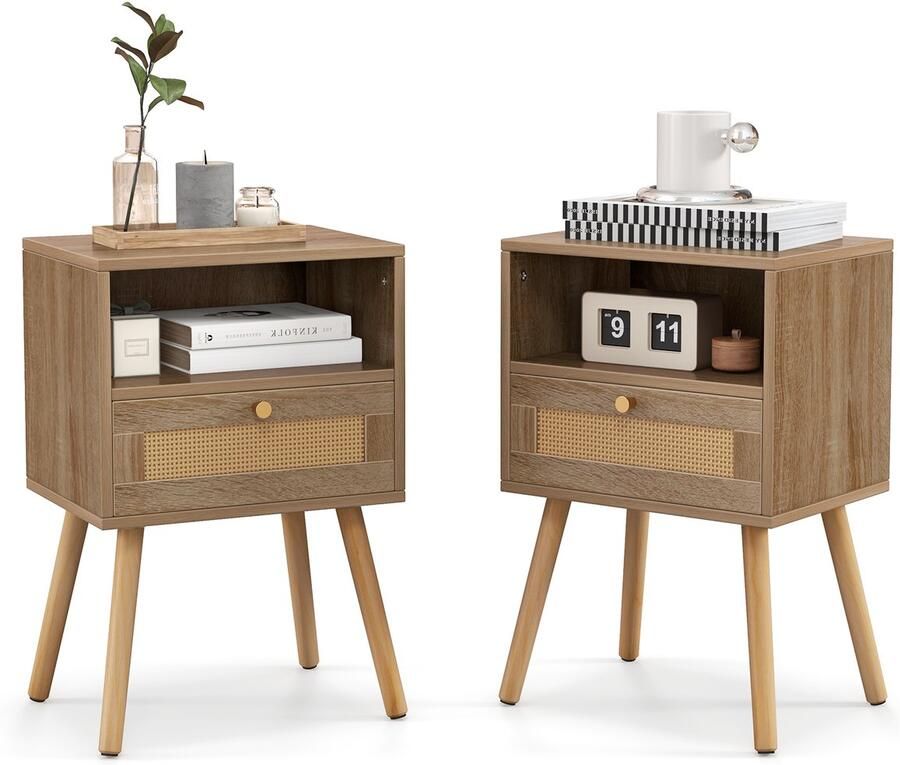 Costway Nachtkastje rotan set van 2 nachtkastje met lade en open vak bijzettafel met massief houten poten nachtkastje in boho-stijl salontafel voor slaapkamer woonkamer 40 x 30 x 60 5 cm