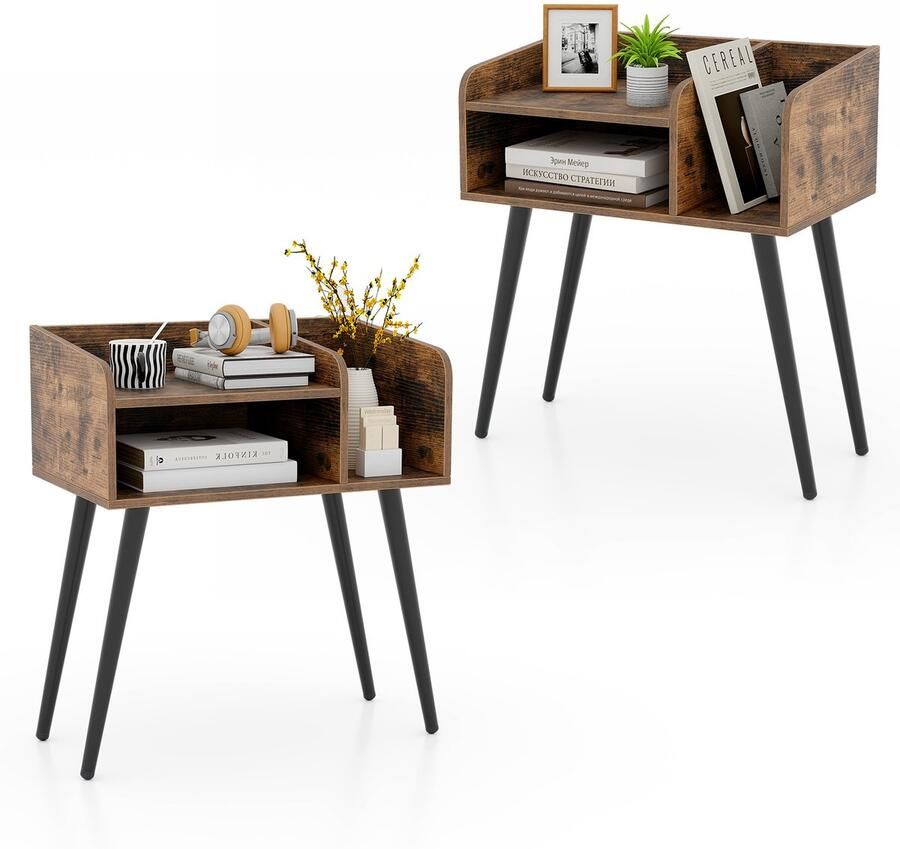 Costway Nachtkastje set van 2 bijzettafel met open vak salontafel met metalen steunpoten nachtkastje voor slaapkamer woonkamer 50 x 32 x 58 cm (rustiek bruin)