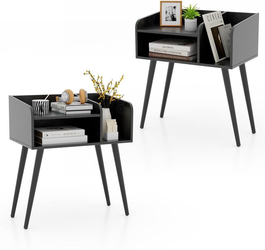 Costway Nachtkastje set van 2 bijzettafel met open vak salontafel met metalen steunpoten nachtkastje voor slaapkamer en woonkamer 50 x 32 x 58 cm (zwart)