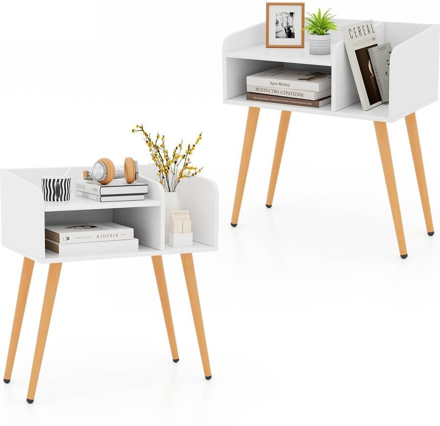 Costway Nachtkastje set van 2 bijzettafel met open vak salontafel met metalen steunpoten nachtkastje voor slaapkamer en woonkamer 50 x 32 x 58 cm (wit + natuur)
