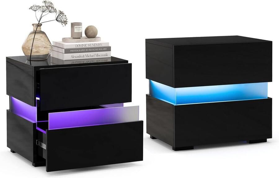 Costway Nachtkastje set van 2 hoogglans nachtkastje met 2 laden incl. afstandsbediening dynamisch en statisch verlicht modern 45 x 35 x 45 cm (zwart)