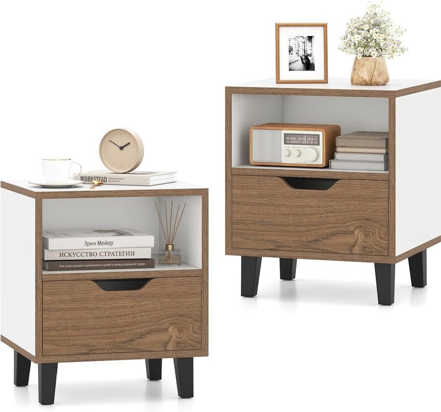 Costway Nachtkastje set van 2 kleine bijzettafel met open vak en lade salontafel met metalen steunpoten nachtkastje voor slaapkamer woonkamer 37 x 33 x 44 cm