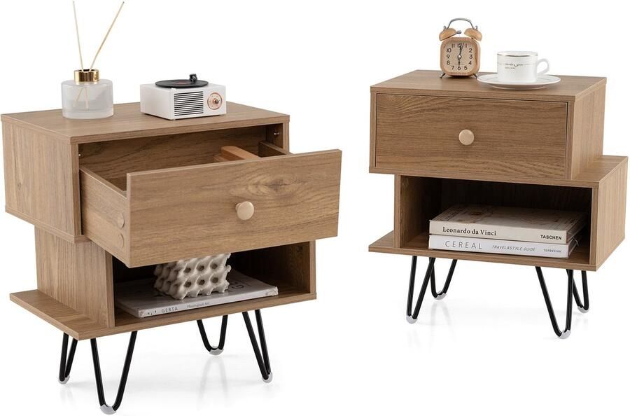 Costway Nachtkastje set van 2 nachtkastje met lade en open vak bijzettafel met metalen poten banktafel nachtkastje voor slaapkamer en woonkamer 44 x 29 x 47 cm