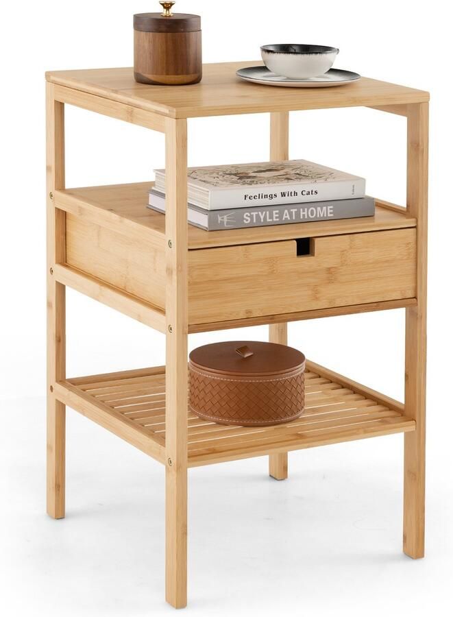 Costway Nachtkastje van bamboe 3-traps bijzettafel met lade en lattenplank nachtkastje voor boxspringbed nachtkastje voor slaapkamer en woonkamer 40 x 40 x 68 cm