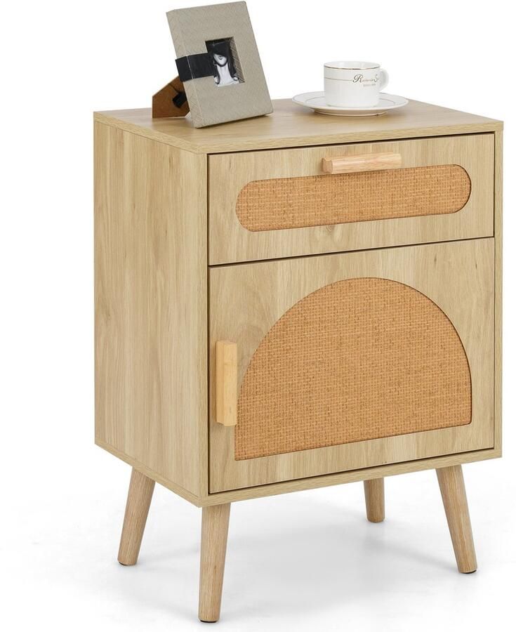 Costway Nachtkastje van rotan nachtkastje met lade en kast bijzettafel banktafel nachtkastje in boho-stijl voor slaapkamer woonkamer 45 x 30 x 61 cm