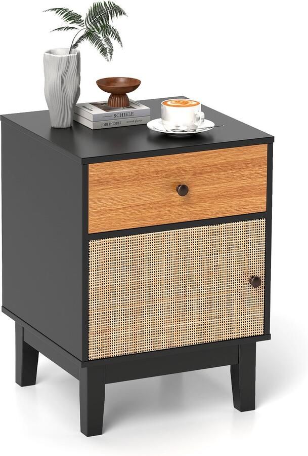 Costway Nachtkastje van rotan nachtkastje met lade en kast bijzettafel banktafel nachtkastje in boho-stijl voor slaapkamer woonkamer 40 x 39 x 55 cm