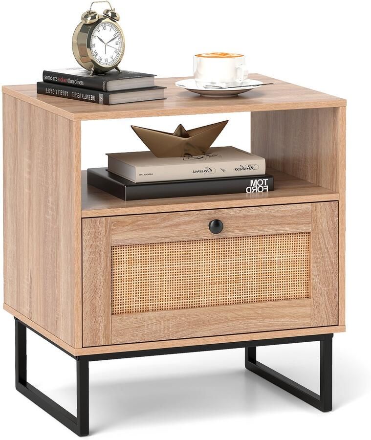 Costway Nachtkastje van rotan nachtkastje met lade en open vak bijzettafel banktafel nachtkastje in boho-stijl voor slaapkamer woonkamer 48 x 39 x 54 5 cm