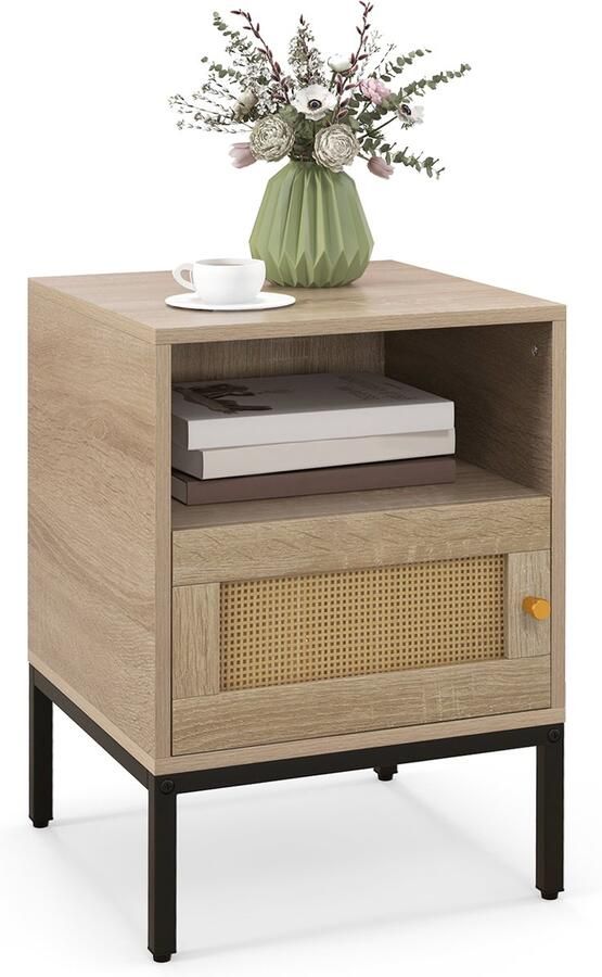 Costway Nachtkastje van rotan nachtkastje met open plank en kast bijzettafel sofatafel nachtkastje in boho-stijl voor slaapkamer woonkamer 40 x 40 x 57 cm (natuur)