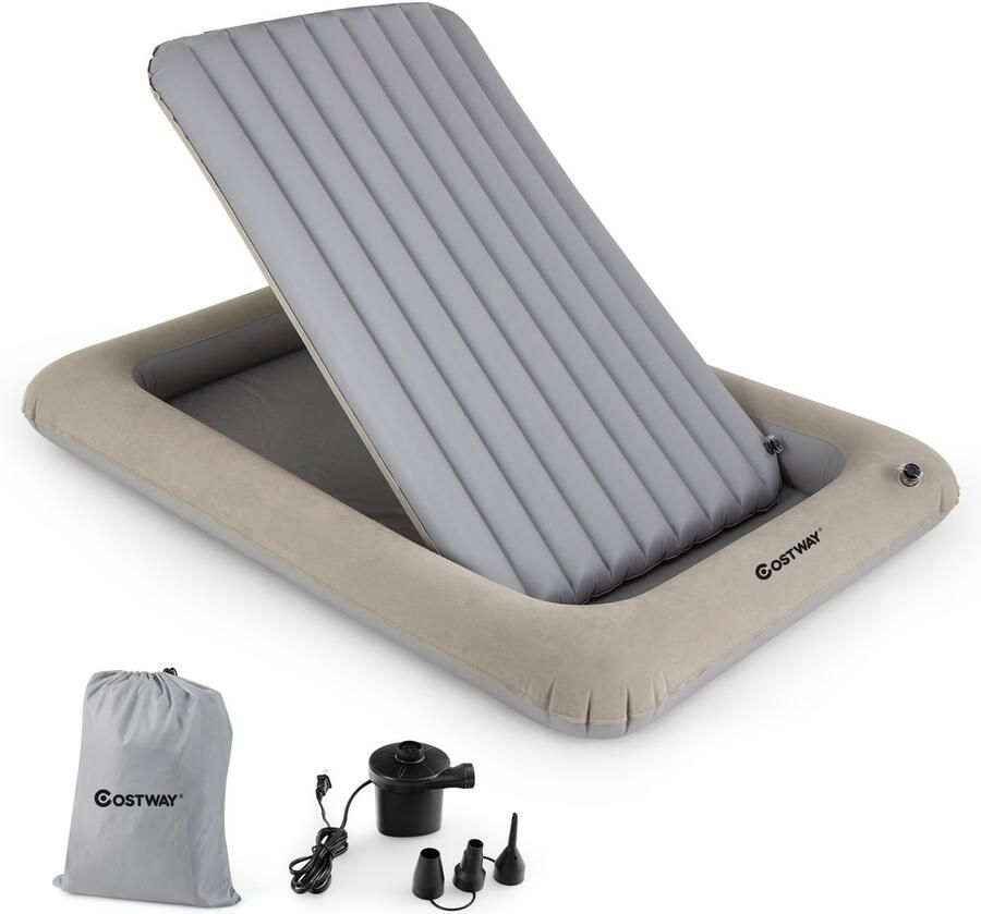 Costway Opblaasbaar kinderbed 2-in-1 reisbed met matras luchtmatras met elektrische pomp draagtas en reparatieset luchtbed voor peuters tot 150 kg belastbaar 165 x 118 x 20 cm