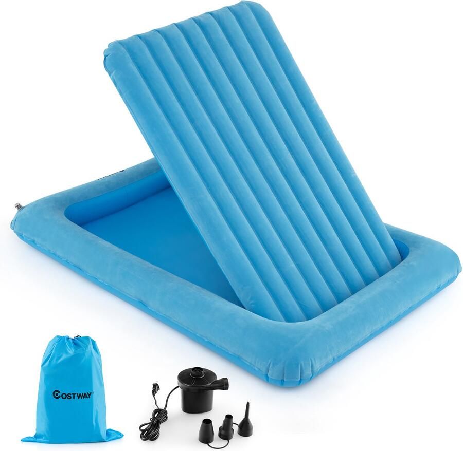 Costway Opblaasbaar kinderbed 2-in-1 reisbed met matras luchtmatras met elektrische pomp draagtas en reparatieset luchtbed voor peuters tot 150 kg belastbaar 165 x 118 x 20 cm (blauw)