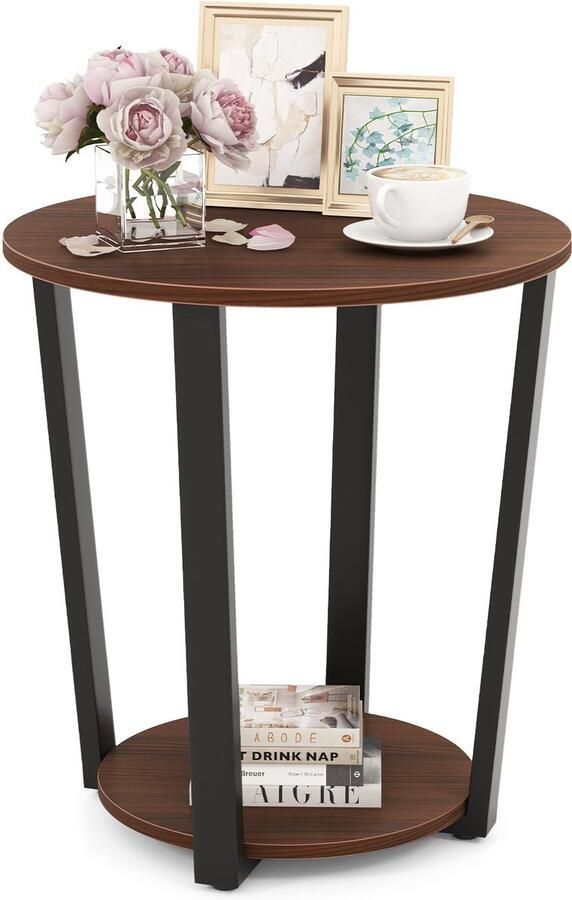 Costway Ronde bijzettafel salontafel met metalen frame salontafel met 2 planken industrieel nachtkastje voor woonkamer slaapkamer kleine ruimtes (bruin)