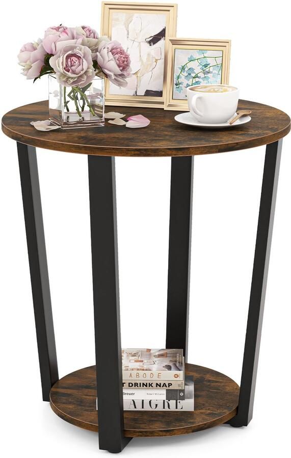 Costway Ronde bijzettafel salontafel met metalen frame salontafel met 2 planken industrieel nachtkastje voor woonkamer slaapkamer kleine ruimtes (vintage bruin)