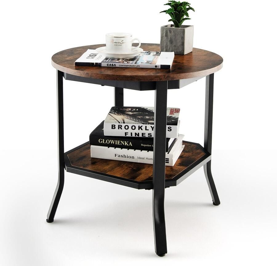 Costway Ronde industriële bijzettafel banktafel met 2 planken koffietafel met metalen frame kleine salontafel voor woonkamer slaapkamer vintage bruin 50 x 50 x 49 5 cm