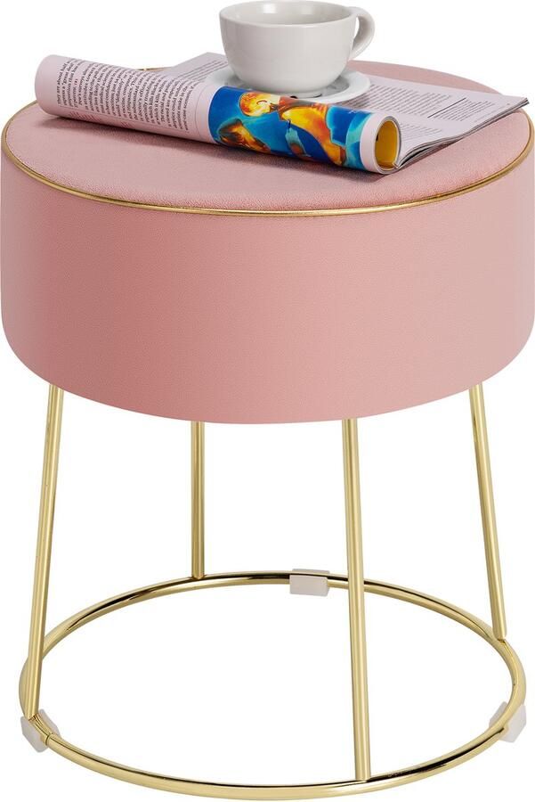 Costway Ronde kruk fluwelen voetenbank met metalen poten make-up kruk gewatteerd tot 150 kg belastbaar fluwelen poef voor woonkamer slaapkamer (roze)