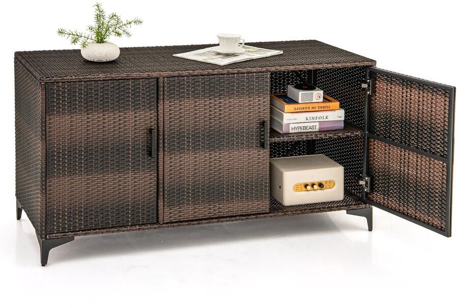 Costway Rotan tuinkast voor buiten 318 liter opbergkast weerbestendig met afneembare planken en deuren bijzetkast voor tuin balkon en zwembad 135 kg belastbaar 135 x 50 x 70 5 cm (bruin)