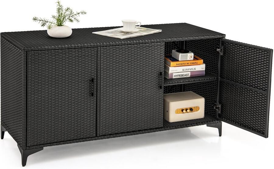 Costway Rotan tuinkast voor buiten 318 liter opbergkast weerbestendig met afneembare planken en deuren bijzetkast voor tuin balkon en zwembad 135 kg belastbaar 135 x 50 x 70 5 cm (zwart)