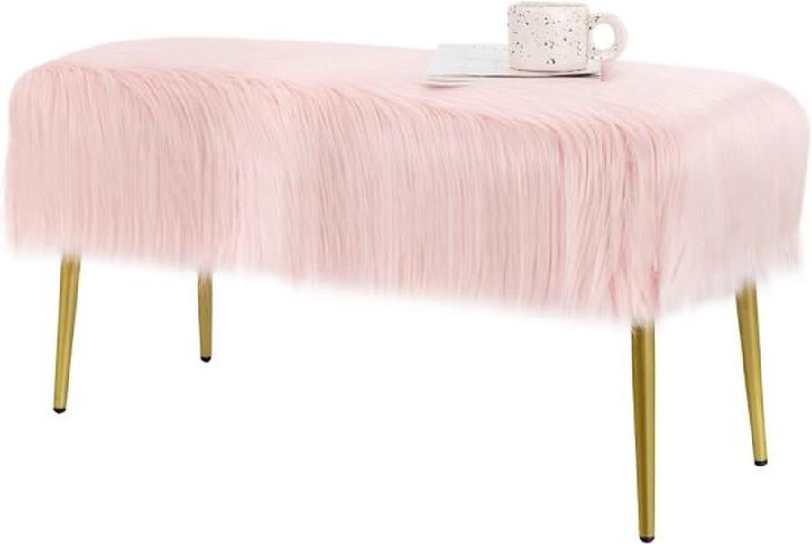 Costway Roze Make-Up Kruk Met Gouden Poten 91 x 35 5 cm Poef Met imitatiebont Zitbankje voor Entree en Slaapkamer