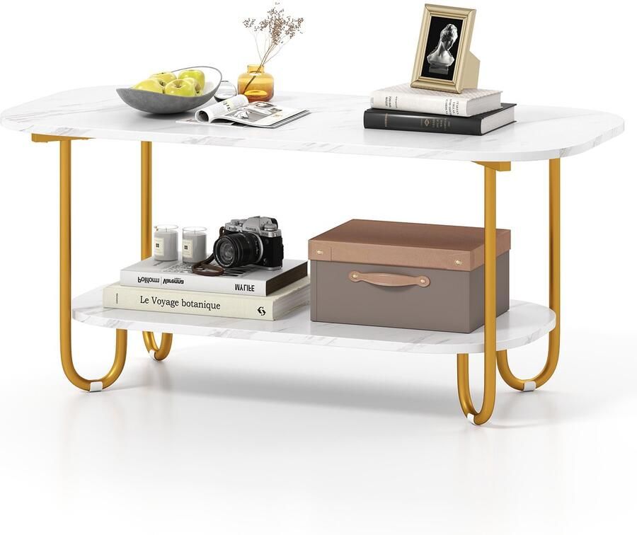 Costway Salontafel goudkleurig bijzettafel marmerlook koffietafel met metalen frame woonkamertafel hout banktafel voor woonkamer 100 x 50 x 45 cm modern