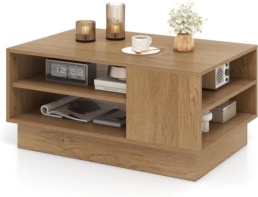 Costway Salontafel Houten Woonkamertafel met Opbergruimte Bijzettafel met Open Vakken Banktafel Accenttafel voor Woonkamer Ontvangstruimte & Lounge 86 x 56 x 41 cm Modern (naturel)