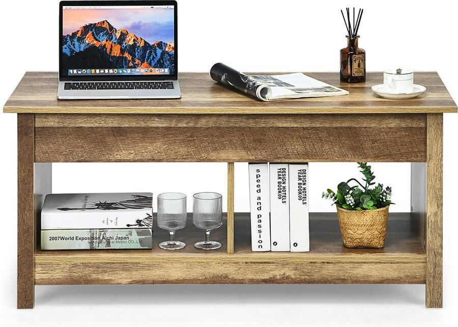 Costway Salontafel in hoogte verstelbaar bijzettafel met opbergvak houten salontafel theetafel voor woonkamer balkon hal